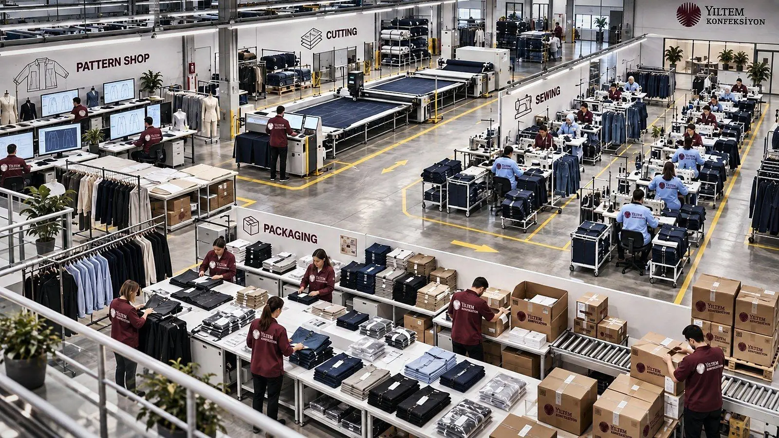 Kalıphane, kesim, dikim ve paketleme alanları