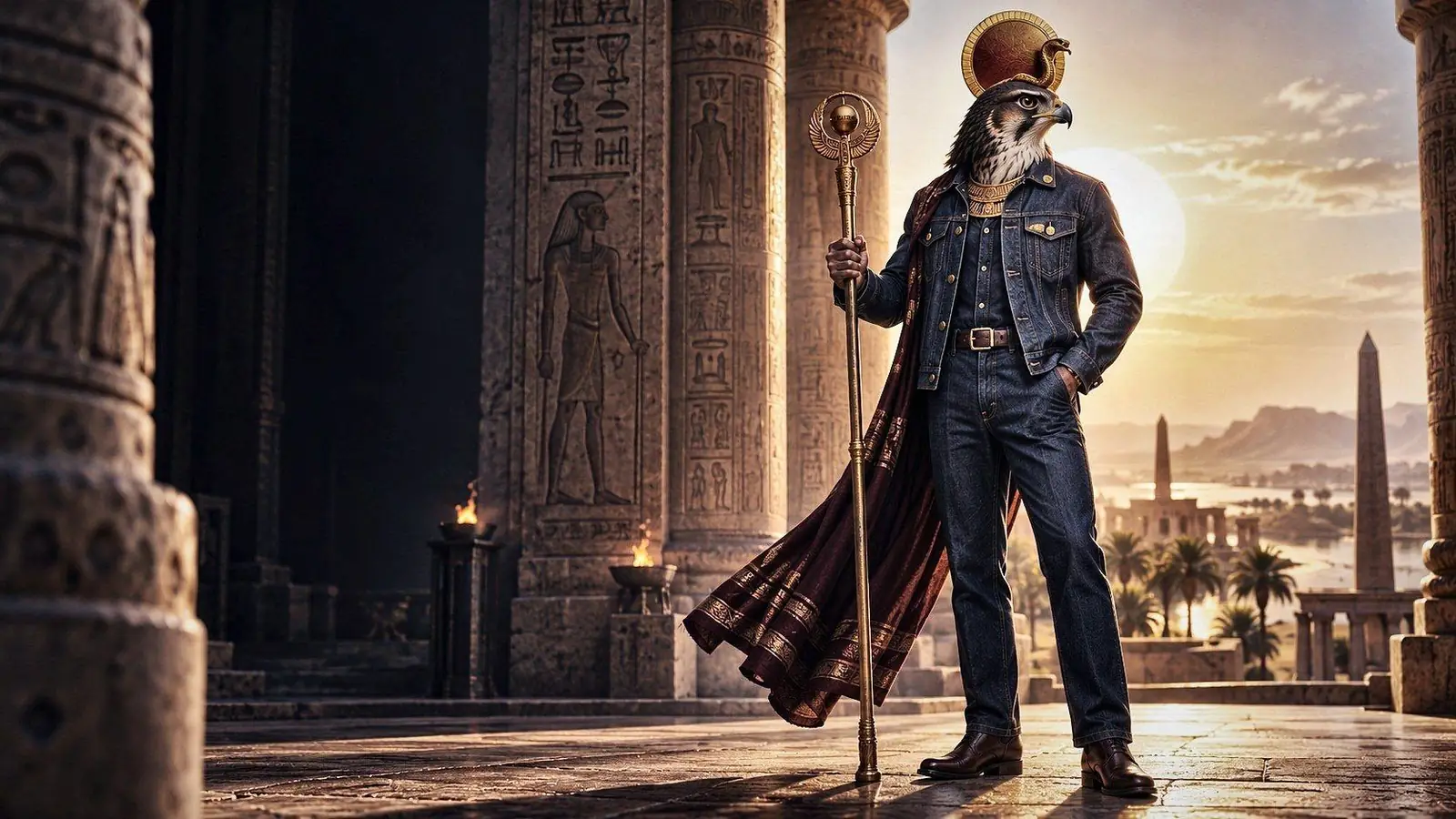 Yılteks Egypt campaign visual: falcon-headed figure in denim